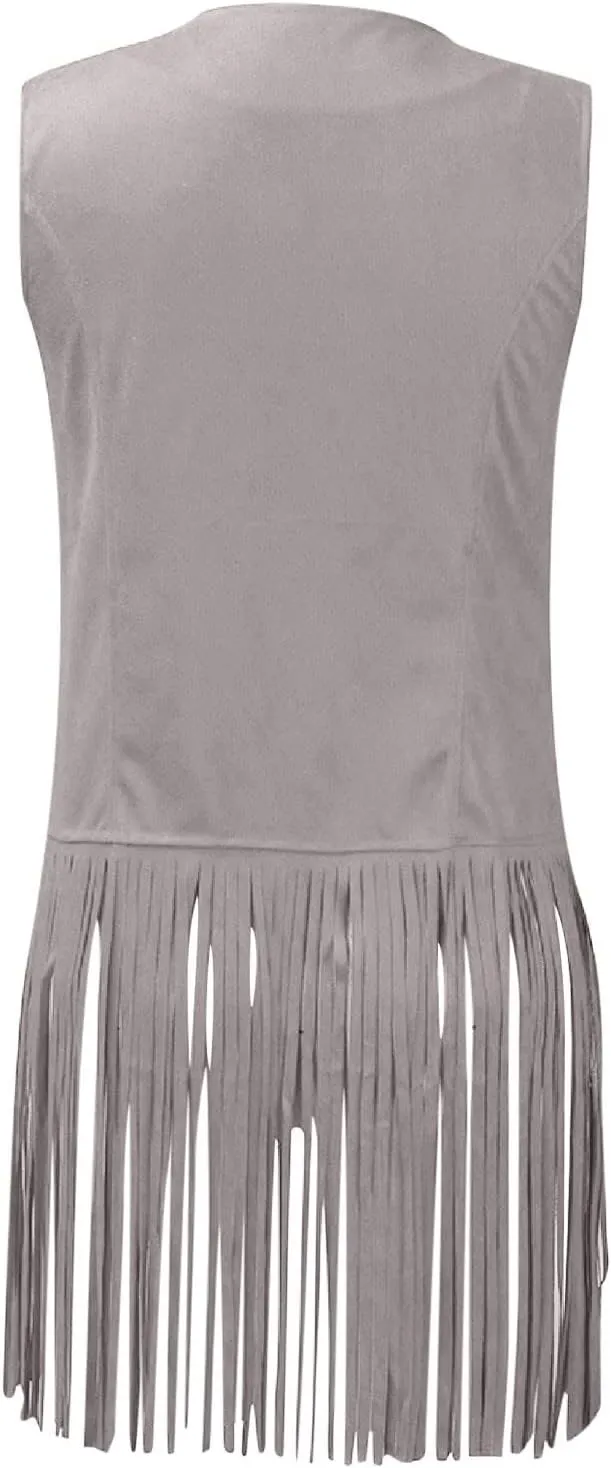 Womens Vintage Western Fringe Vest Tops Classic Suede Leather 70s Cowboy Shirt Sleeveless Tassels Cardigan Jackets