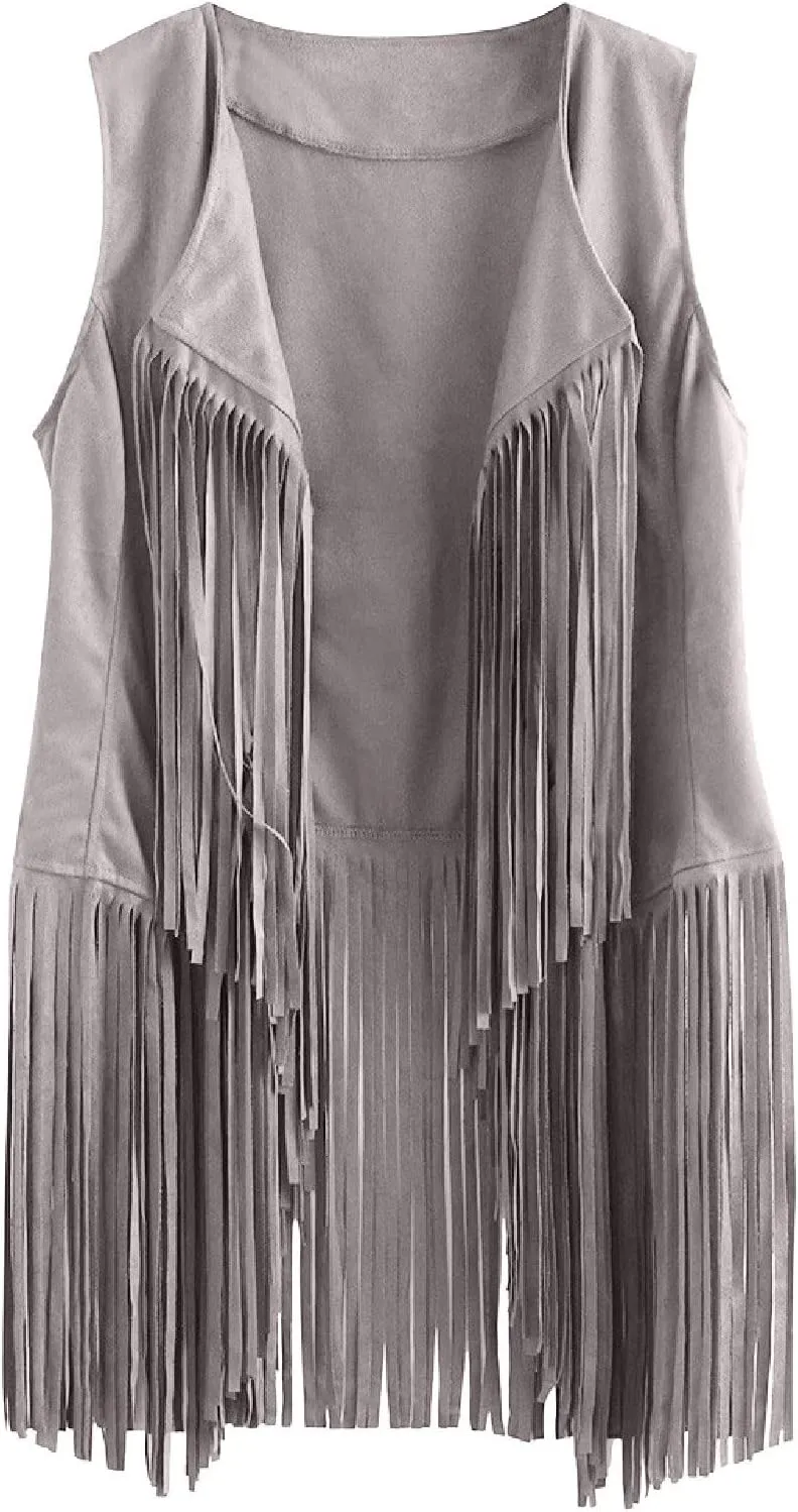 Womens Vintage Western Fringe Vest Tops Classic Suede Leather 70s Cowboy Shirt Sleeveless Tassels Cardigan Jackets