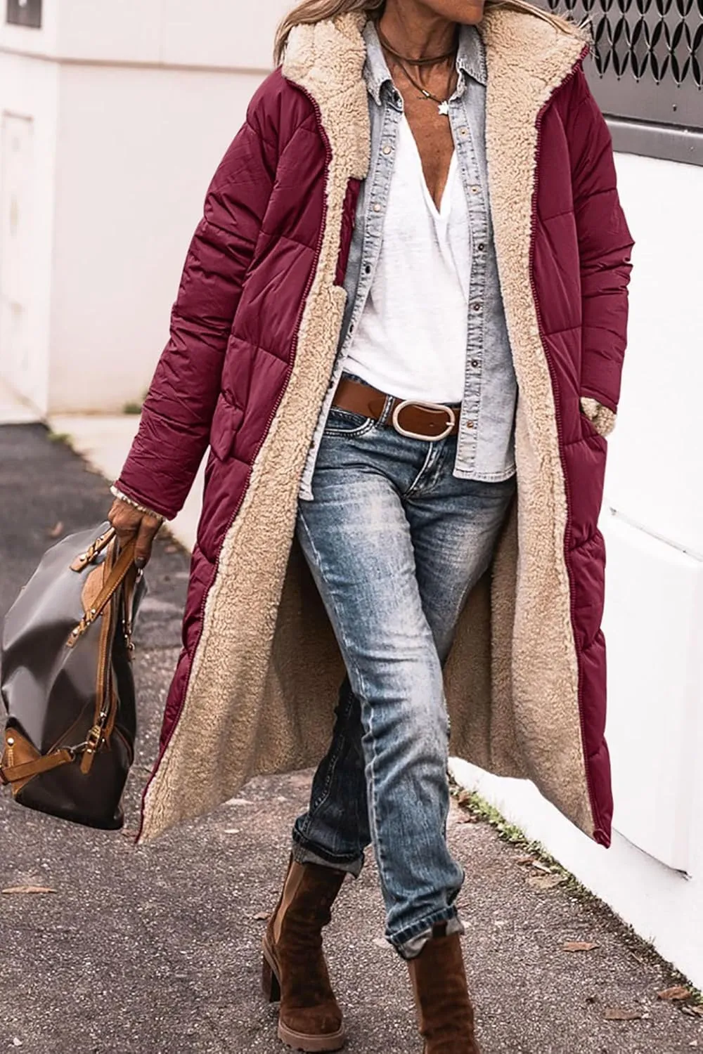 Women's Winter Hooded Quilted Coat Fleece Lined Long Puffer Jacket Winter Fashion Warm Reversible Zip Up Padded Coat