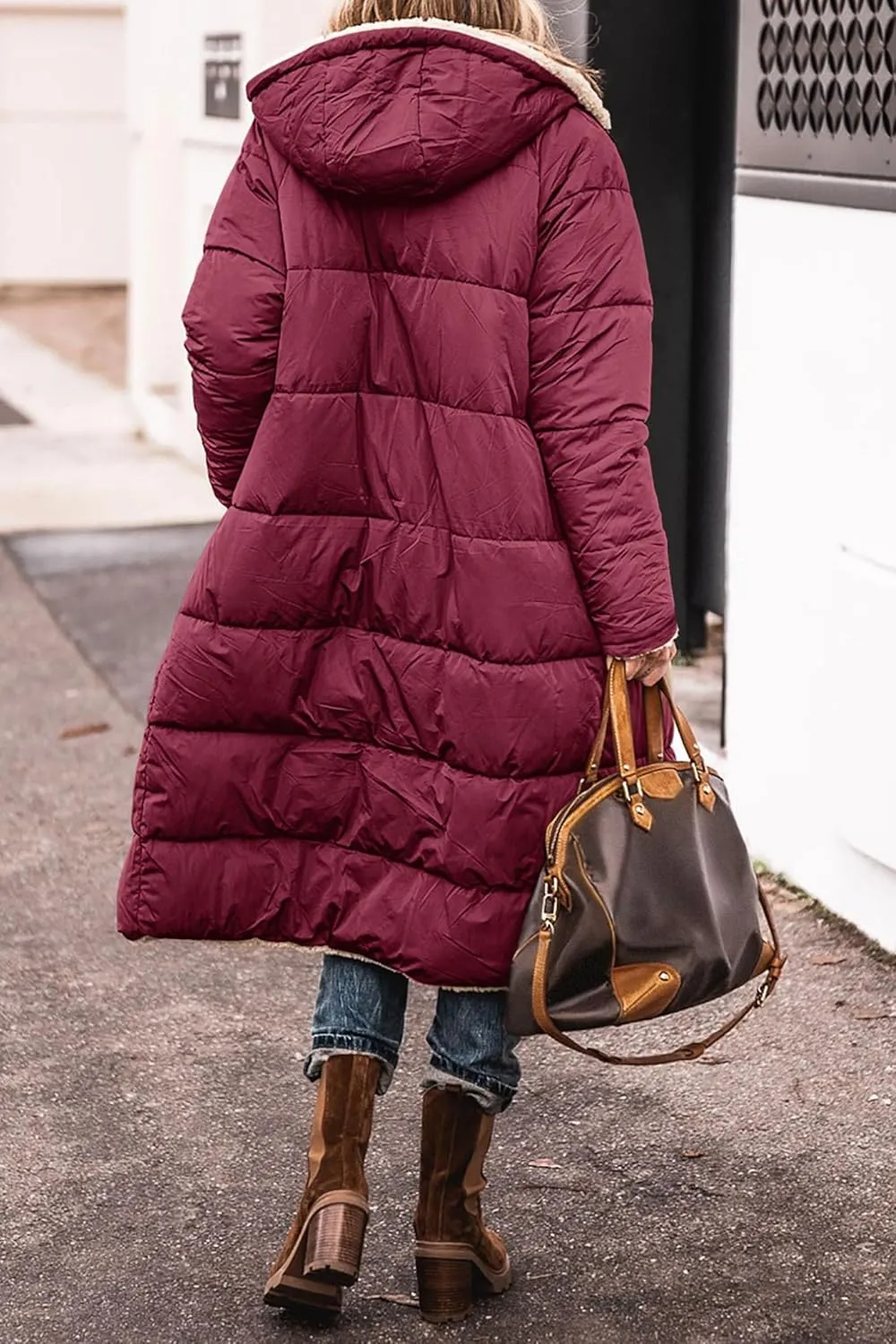 Women's Winter Hooded Quilted Coat Fleece Lined Long Puffer Jacket Winter Fashion Warm Reversible Zip Up Padded Coat