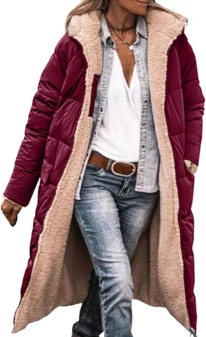 Women's Winter Hooded Quilted Coat Fleece Lined Long Puffer Jacket Winter Fashion Warm Reversible Zip Up Padded Coat