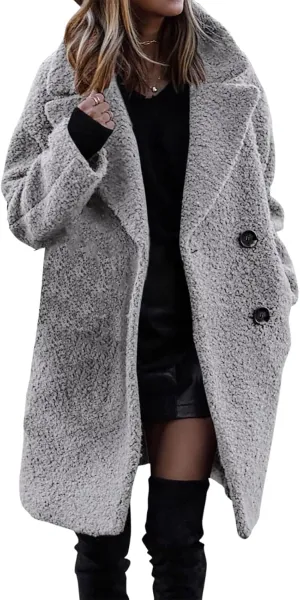 Womens Winter Wool Coat Casual Notch Lapel Double Breasted Pea Coat Mid Long Trench Coat Jackets