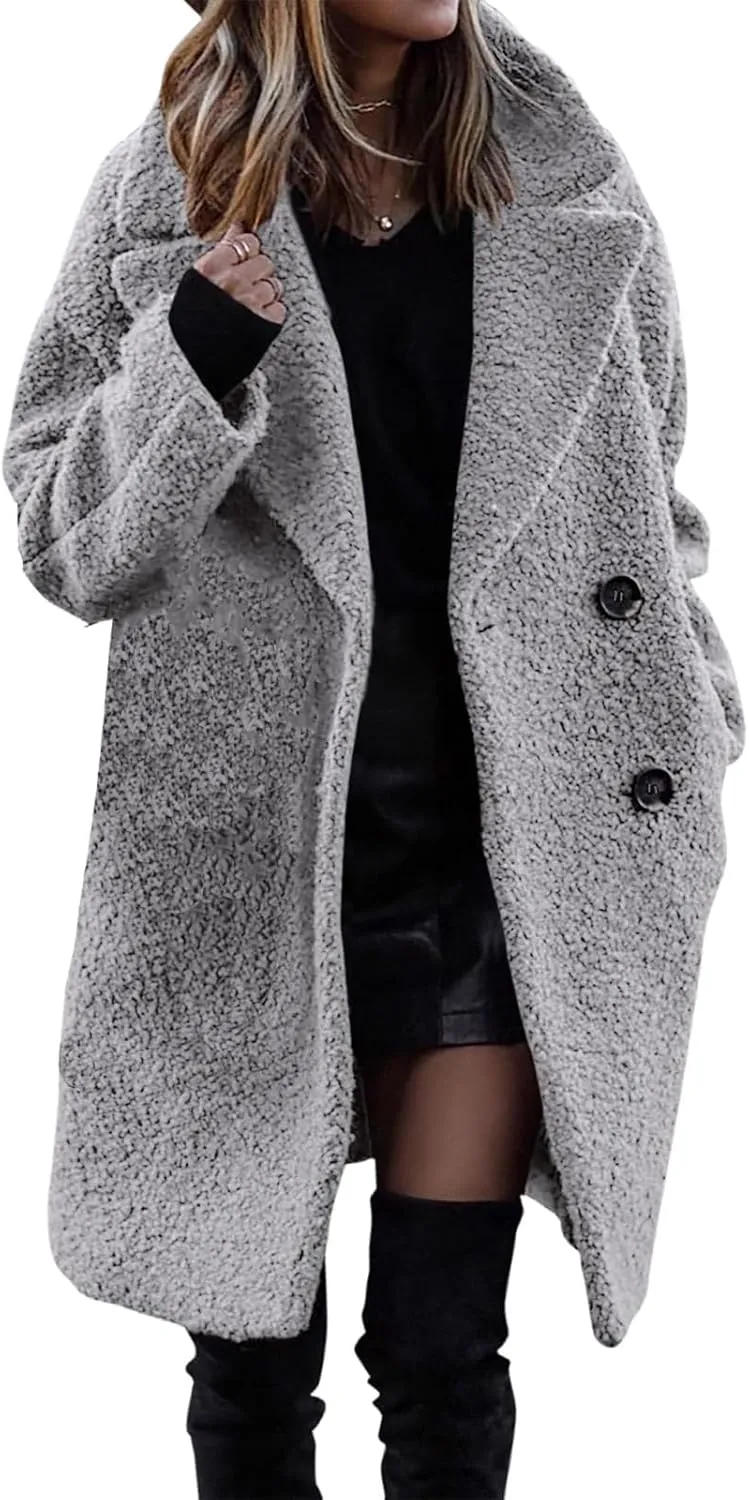 Womens Winter Wool Coat Casual Notch Lapel Double Breasted Pea Coat Mid Long Trench Coat Jackets