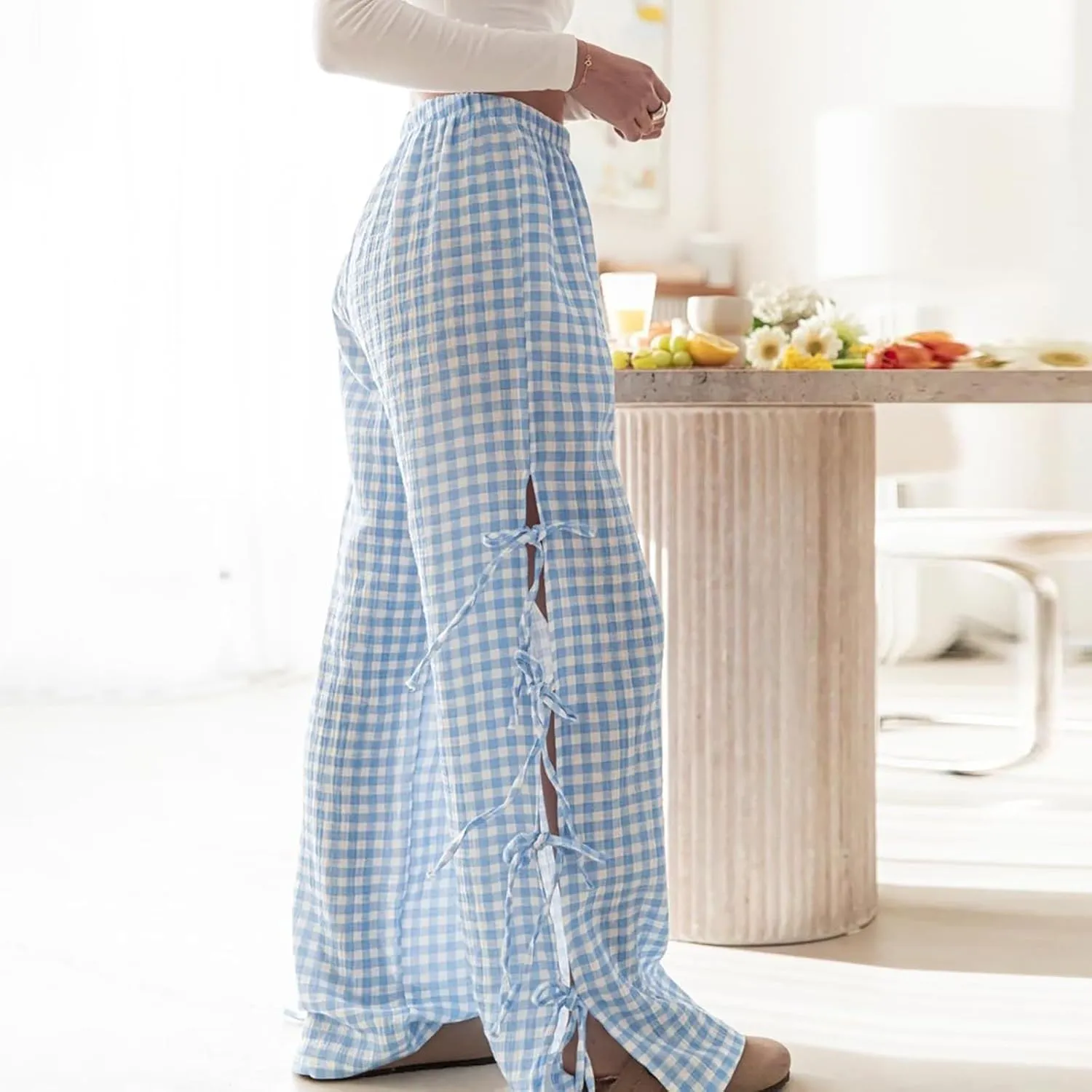 Women's Y2k Plaid Pants Side Tie Bow Wide Leg Pants High Elastic Waisted Cropped Palazzo Pants Gingham Lounge Pants