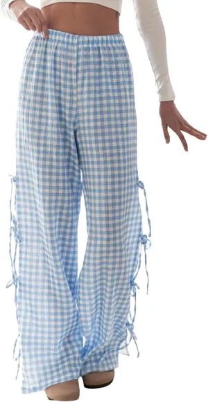 Women's Y2k Plaid Pants Side Tie Bow Wide Leg Pants High Elastic Waisted Cropped Palazzo Pants Gingham Lounge Pants
