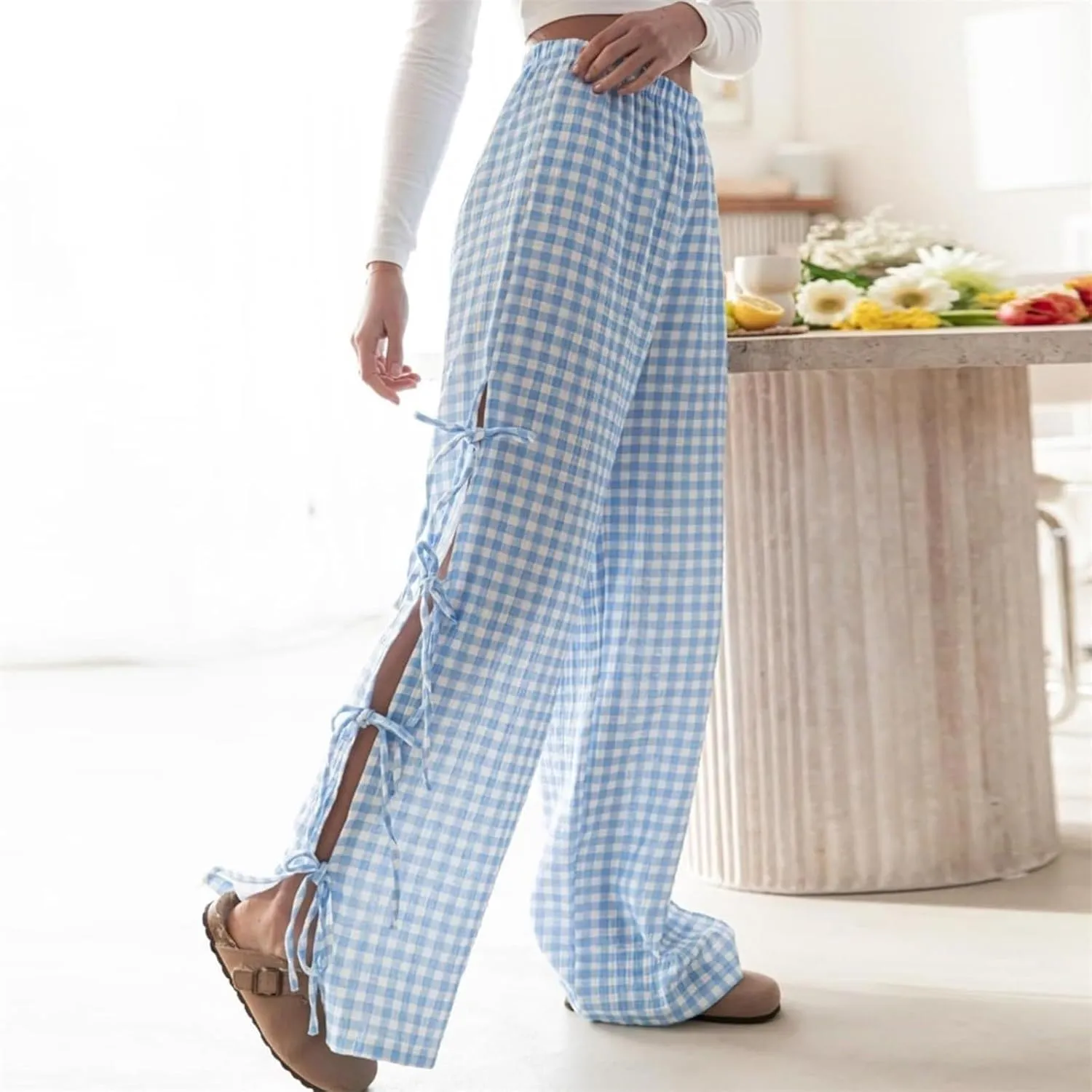Women's Y2k Plaid Pants Side Tie Bow Wide Leg Pants High Elastic Waisted Cropped Palazzo Pants Gingham Lounge Pants