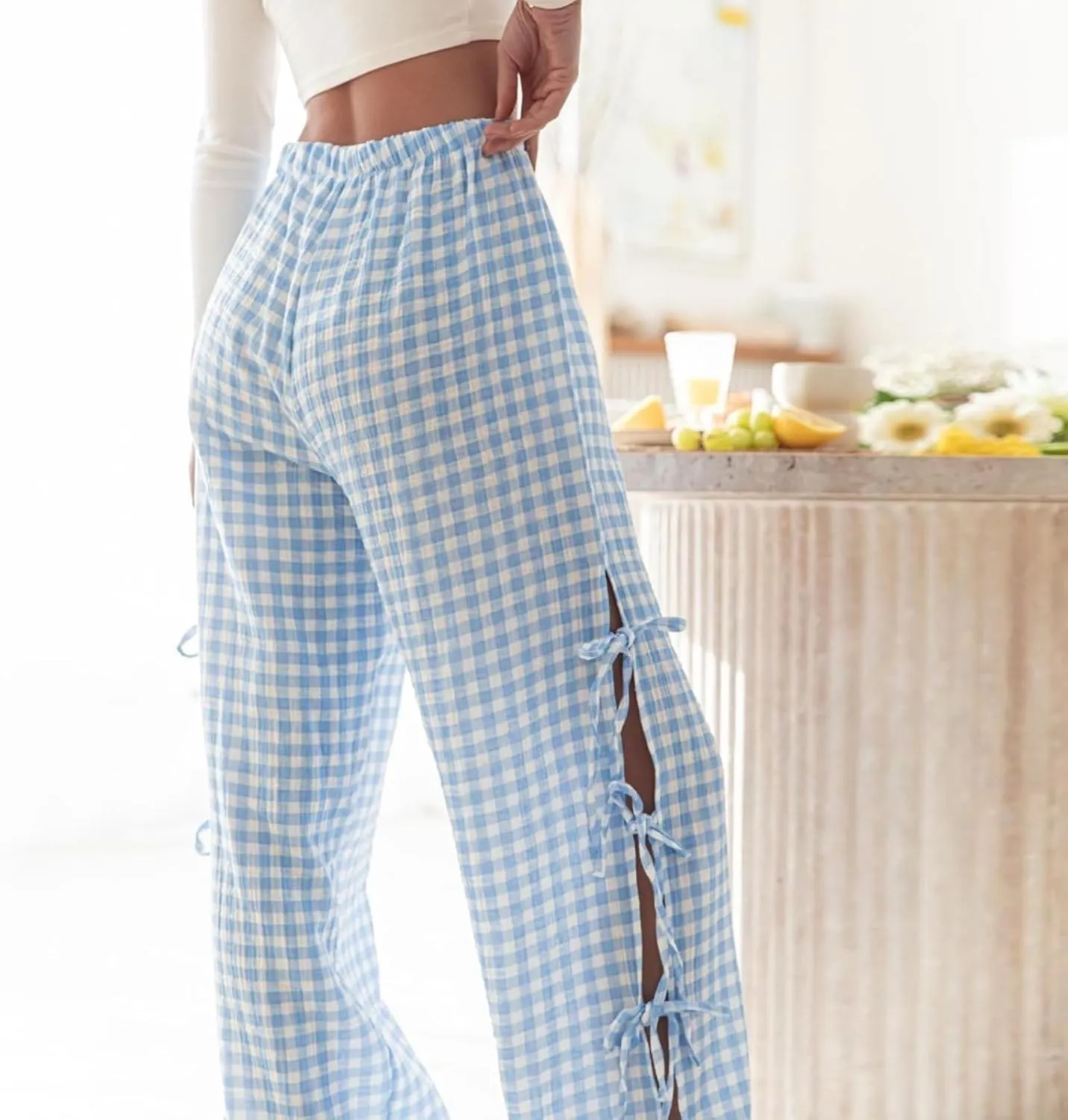 Women's Y2k Plaid Pants Side Tie Bow Wide Leg Pants High Elastic Waisted Cropped Palazzo Pants Gingham Lounge Pants