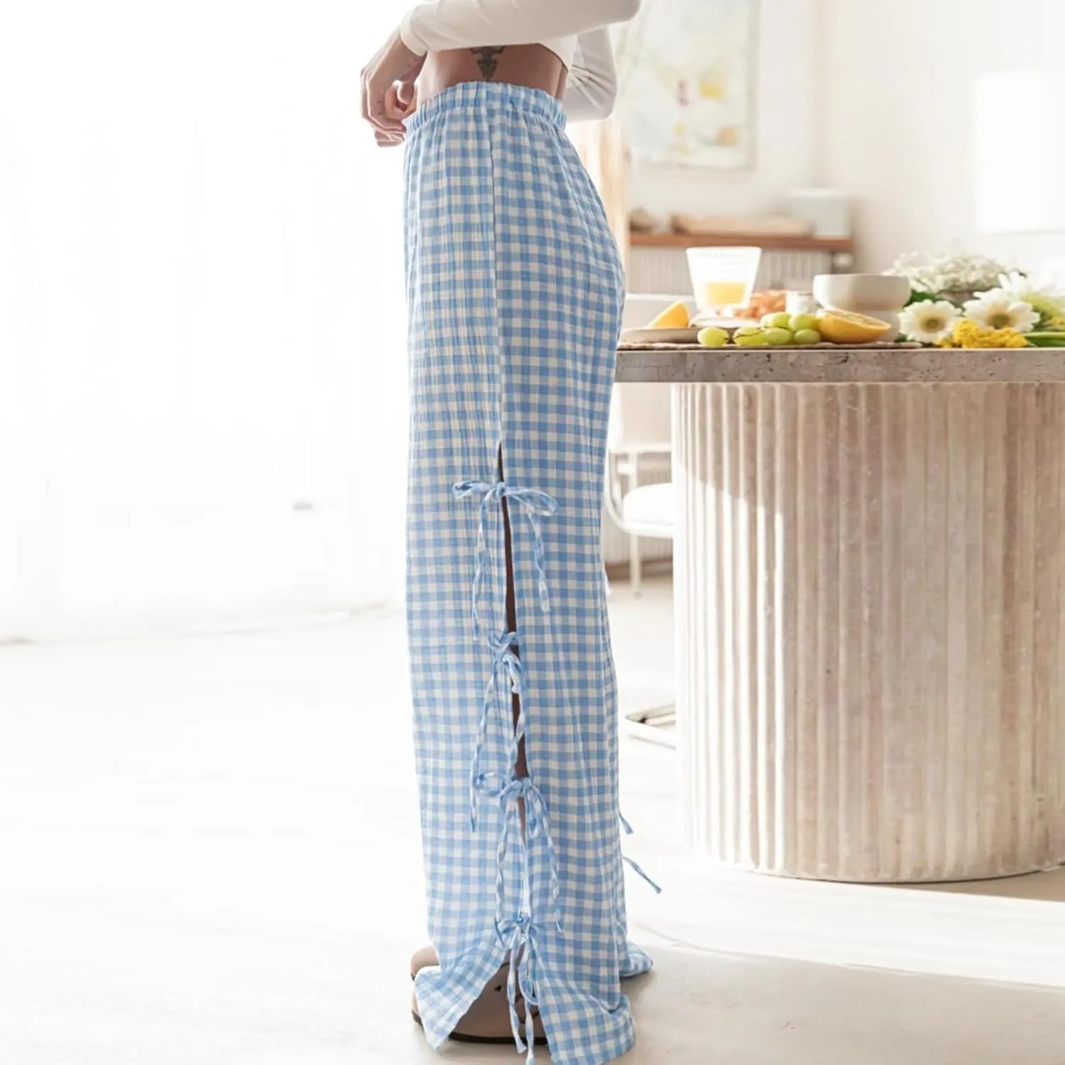 Women's Y2k Plaid Pants Side Tie Bow Wide Leg Pants High Elastic Waisted Cropped Palazzo Pants Gingham Lounge Pants
