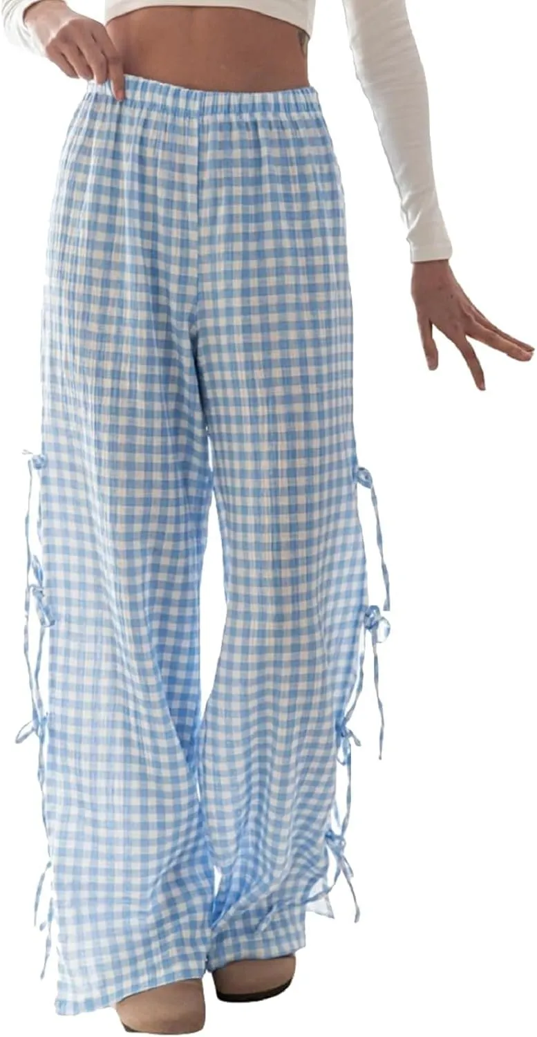 Women's Y2k Plaid Pants Side Tie Bow Wide Leg Pants High Elastic Waisted Cropped Palazzo Pants Gingham Lounge Pants