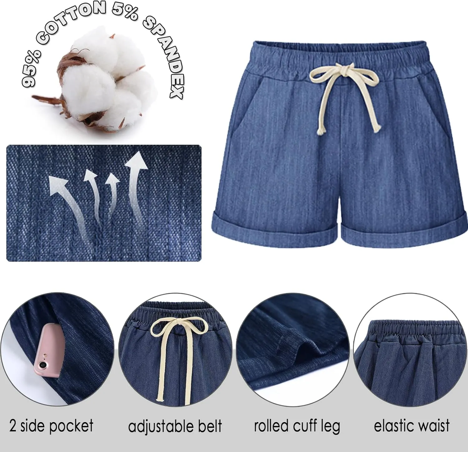 XinYangNi Women's Casual Shorts Cotton Shorts Drawstring Elastic Waist Comfy Bermuda Shorts