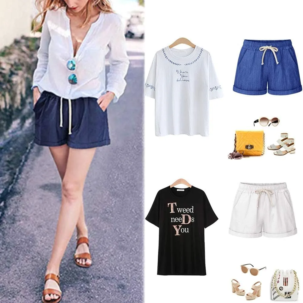 XinYangNi Women's Casual Shorts Cotton Shorts Drawstring Elastic Waist Comfy Bermuda Shorts